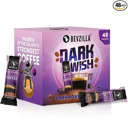 Bevzilla 48 Black Roast Coffee Sachets 96 Grams Dark Wish Coffee Black Roast Rich Dark Instant Coffee Powder Strongest Coffee Expresso Cappuccino Latte Dark Wish Arabica Coffee Bold Intense Premium Coffee Makes 48 Cups