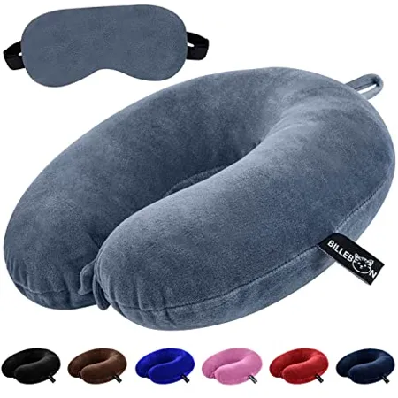 Billebon Premium Neck Pillow Eye Mask Combo Airplane Travel Pillow with Comfortable Velvet Sleeping Eyemask Head Rest Pillow 30 Years Warranty Grey Neck Pillow with Eye Mask 