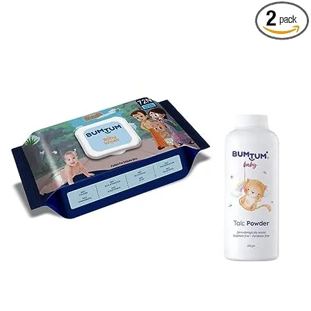 Bumtum Chota Bheem Gentle Soft Moisturizing Wet Wipes With Lid 72 Pcs Pack of 1 Baby Talc Powder 200 Gram Combo