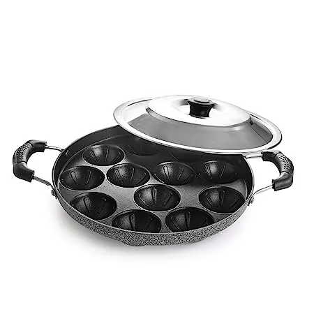Cello Non Stick 12 Cavity Grill Appam Patra 2 Side Handle with Stainless Steel Lid
