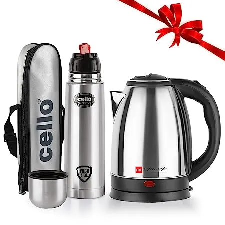 Cello Quick Boil Pride Electric Kettle 1 8 Ltr Flipstyle Bottle with Jacket 750 ml Electric Kettle 2 55 L Silver 