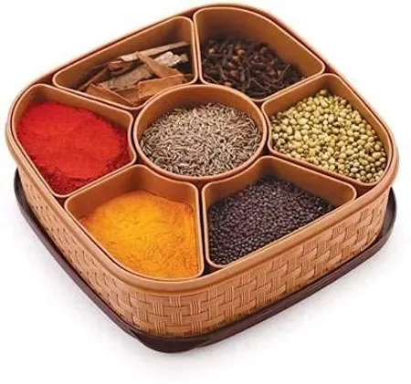 E COSMOS Plastic Square 7 Sections Multipurpose Masala Rangoli Dabba Box Set Spice Box Set Brown Masala Box 7 in 1 
