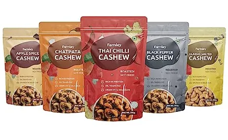 Farmley Premium Chatpata Thai Chilli Black Pepper Apple Spice Classic Salted Flavoured Roasted Dry Nut Cashew Snacks Combo Pack each 200 gm Rich in Protein Crunchy Delicious
