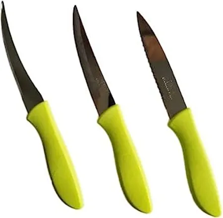 GANESH Stainless Steel Knife Set 3 Pieces Green Blue and Pink