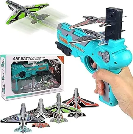 GRAPHENE Airplane Launcher Gun Air Battle Gun Toy with 4 Paper Foam Glider Planes Kids Gadget for Fun Outdoor Sports Activity Play Catapult Pistol with Continuous Shooting Flyers