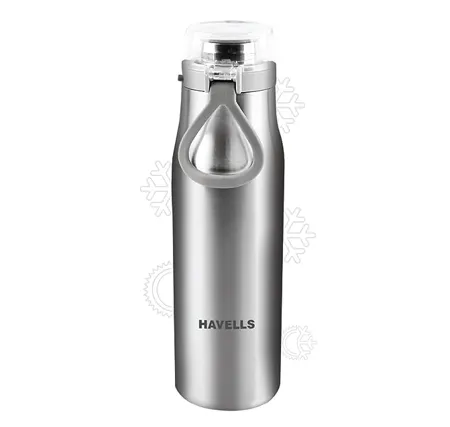 Havells Aqua S Double Wall Hot Cold Water Bottle 304 Grade High Quality Stainless Steel Inner Body Non Toxic Leak Proof Easy to Clean 590 ML Silver