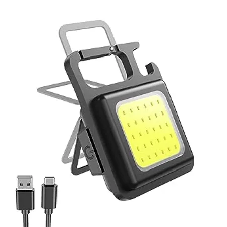 IKKEMO COB Bright Mini Keychain Light Small Led Flashlight USB Rechargeable 4 Modes 800 Lumens Portable Pocket Lights with Folding Bracket Bottle Opener and Magnet Abs