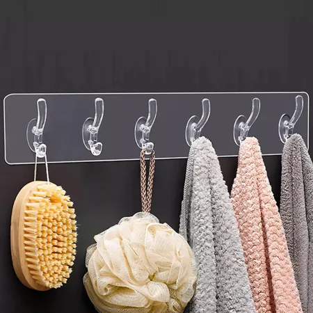 KBS Wall Hanger Hooks for Hanging Clothes Strong Self Adhesive Magic Sticker Home Kitchen Office Bathroom Bedroom Door Organizers Accessories Items TRANSPARENT 6 HOOK HANGER