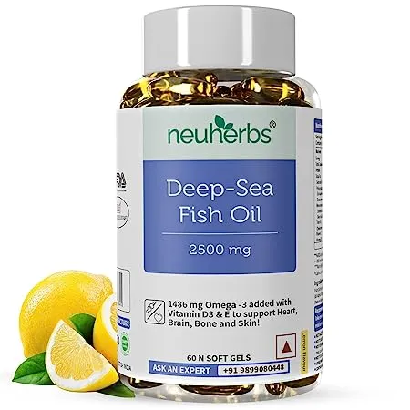 Neuherbs Deep Sea Omega 3 Fish Oil Omega 3 Supplement Triple Strength 2500 Mg Vitamin D Fish Oil softgels With No Fishy Burps with Lemon Flavour 60 Softgel for Men and Women