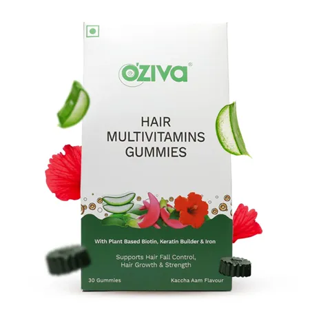 OZiva Biotin Hair Multivitamins Gummies for Stronger Fuller Shinier Hair Hair Gummies with Keratin Builder Iron Vitamins B9 B6 D Raw Mango Flavour No Added Sugar Pack of 1 30 