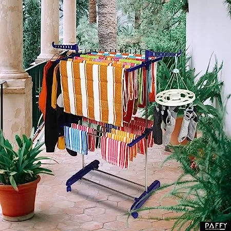 Paffy Premium Clothes Stand for Drying with Wheels Portable 2 Layer Rack for Balcony Foldable Wings 14 Hanger Rods Anti Rust Steel Metal Blue Compact Jumbo 