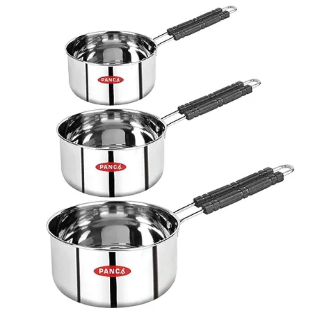 Panca Stainless Steel Sauce Pan Set of 3 Sauce Pan Milk Pan Tapeli Patila Induction Base 2 Litre 1 5 Litre 1 Litre Milk Boiler Cookware with Handle