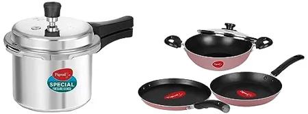 Pigeon Basics Non Stick Aluminium Non Induction Base Cookware Set Including Dosa Tawa Kadai with Glass Lid and Frying Pan Aluminium Pressure Cooker 3 Litre Non Induction Base Outer Lid Silver 