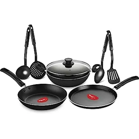 Pigeon Mio Nonstick Aluminium Cookware Gift Set Includes Nonstick Flat Tawa Nonstick Fry Pan Kitchen Tool Set Nonstick Kadai with Glass Lid 8 Pieces Kitchen Set Black 