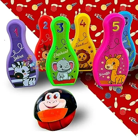 Popo Toys Cute Animals Bowling Game Set 6 Animated Pins 3D Gyro Bals Sport Toy Indoor Play Best Gift for Boys Girls Kids Cute Character Pin Ball Multicolor