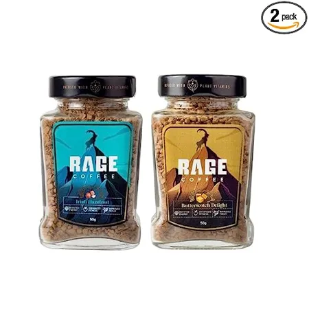 RAGE COFFEE Instant Coffee Combo Pack of 2 Butterscotch Delight Irish Hazelnut Flavoured Instant Coffee 50gms each made using premium Arabica Beans Glass Bottle