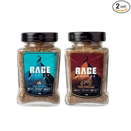 Rage Coffee Combo Pack of 2 Flavoured Instant Ground Coffee 50 gms each of Irish Hazelnut Dark Chocolate Glass Bottle