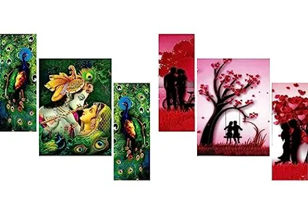 SAF Beautiful Combo Set of 3 Lord Radha Krishna Flute Love Peacock Greenery Beautiful Set Of 3 Couple Beautiful Painting 12 X 18 Inch 