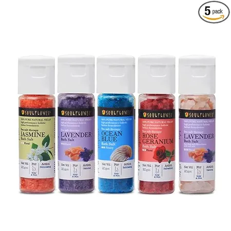 Soulflower Bath Salt Granules Combo Pack of 5 20g Each Men Women for Foot spa Muscle Pain Relief Relaxing body scrub 100 Pure Natural Sea Salt