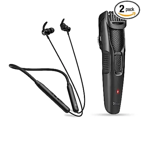Syska HT200 PRO BeardPro Cordless Rechargeable Trimmer with 20 Length Settings 45 min Runtime Black and HE3500 Bluetooth NeckBand Black 