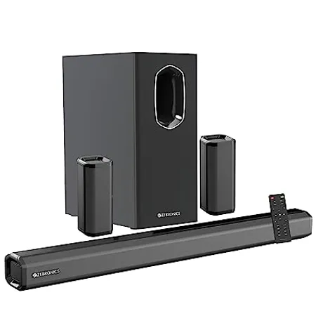 ZEBRONICS Juke BAR 7400 PRO 5 1 Channel soundbar with 6 5 subwoofer 180W RMS Dual Rear Satellites HDMI ARC Optical in AUX BT v5 0 USB in Remote Control LED Display and Wall Mount Black 
