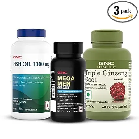 3 Combo Of GNC Mega Men One Daily Multivitamin 30 Tablets Fish Body Oil 60 Softgels Herbal Plus Triple Ginseng Root 60 Capsules Daily Energy Immunity Focus Memory Strength Stamina