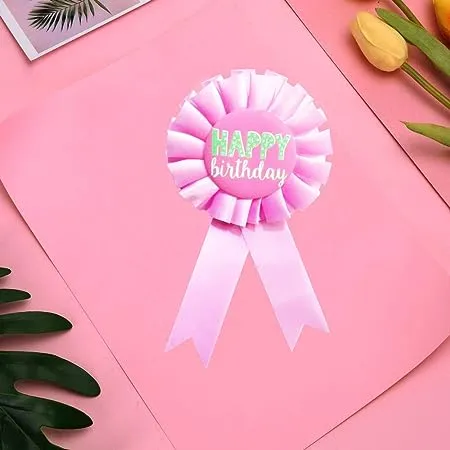AMFIN Happy Birthday Ribbon Badge Plain Design for Party Favor Birthday Light Pink with Pin Pack of 1 