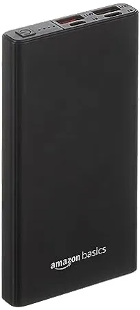 Amazon Basics 10000mAH Lithium Polymer 18W Fast Charging Power Bank Dual Input and Triple Output Ports Metallic Body Black