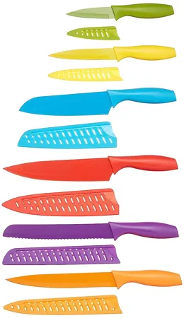 Amazon Basics 6 Stainless Steel Colored Knives Set with Knife Covers