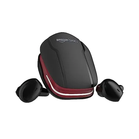Amazon Basics True Wireless in Ear Earbuds with Mic Touch Control IPX5 Water Resistance Bluetooth 5 3 Up to 40 Hours Play Time Voice Assistance and Fast Charging Black and Red 
