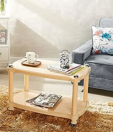 Amazon Brand Solimo Plastic Center Trolley Coffee Table Tea Table Teapoy for Home Office Outdoor Marble Beige