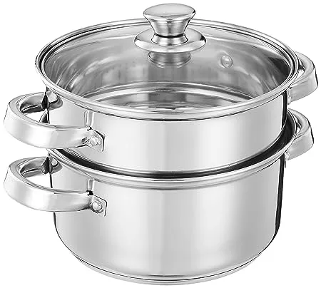 Amazon Brand Solimo Stainless Steel Induction Bottom Steamer Modak Momo Maker with Glass Lid 2 litres 