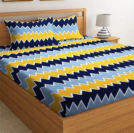 BSB HOME 100 Cotton 160 TC Zigzag Printed Double Bedsheets with 2 King Size Pillow Cover 90X90 Inches 7 x 7 5 Feet Grey Yellow 