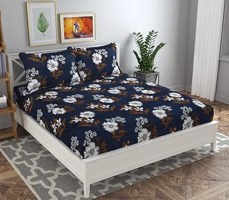 BSB HOME 100 Microfiber Flat Double Bedsheets with 2 Pillow Covers Double Bed Breathable Wrinklefree Ultrasoft 144 TC Supersoft 88 x 88 or 225x228 cm 7 x 7 Feet Navy Blue White Flower
