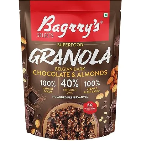Bagrry s Superfood Granola Belgian Dark Chocolate Almonds 400gm Pouch 40 Oats Quinoa Flakes 100 Natural Cocoa Vegan Plant Based High in Fibre Protein Breakfast Cereal Crunchy Granola