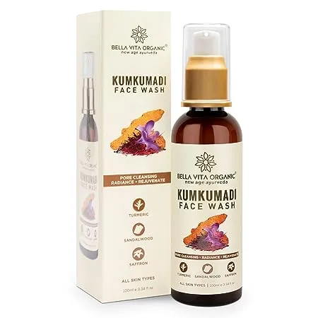 Bella Vita Organic Kumkumadi Face Wash 100ml with Kumkumadi Oil Turmeric Sandalwood for Deep Cleansing Radiant Skin Reduces Dark Spots Blemishes Acne for Men Women