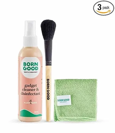 Born Good 3 in 1 Plant based Electronics Gadget Disinfectant Cleaner Kit Biodegradable Non Toxic Eco Friendly Laptop Smartphone Monitor Tablet Camera Screen Cleaner with Microfiber Cloth Soft Brush 100ml