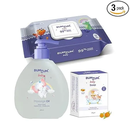 Bumtum Baby Gentle 99 Pure Water Wet Wipes With Lid 72 Pcs Pack of 1 Baby Soap 50Gram Pack of 1 Baby Massage Oil 200 ML Combo