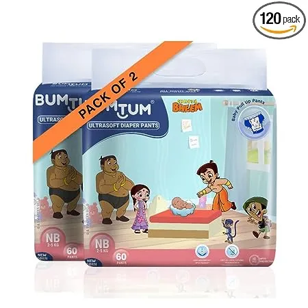 Bumtum Chota Bheem New Born Baby Diaper Pants 120 Count Leakage Protection Infused With Aloe Vera Cottony Soft High Absorb Technology Pack of 2 