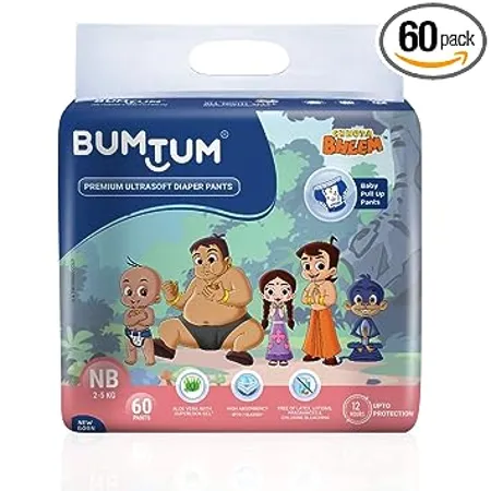 Bumtum Chota Bheem New Born Baby Diaper Pants 60 Count Leakage Protection Infused With Aloe Vera Cottony Soft High Absorb Technology Pack of 1 