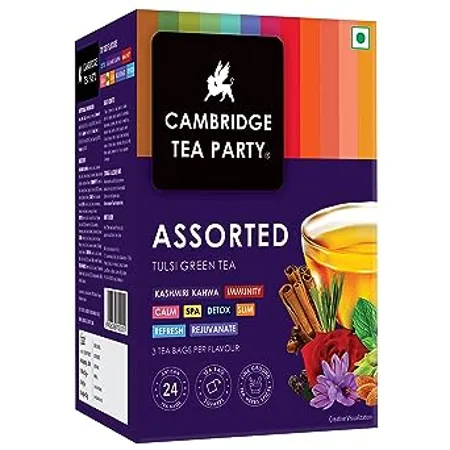 Cambridge Tea Party Assorted Tea Sampler Pack 24 Tulsi Green Tea Bags Detox Kahwa Kashmiri Kahwa Spa Lemongrass Immunity Honey Lemon Ginger Calm Chamomile Slim Orange Refresh Mint Rejuvenate Ashwagandha 3 Tea Bags per Flavour