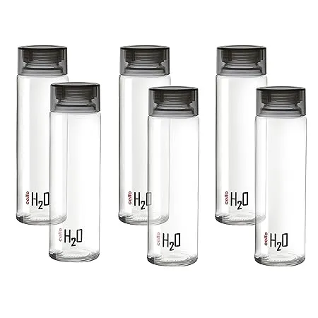 Cello H2O Glass Fridge Water Bottle with Plastic Cap Set of 6 920ml Black