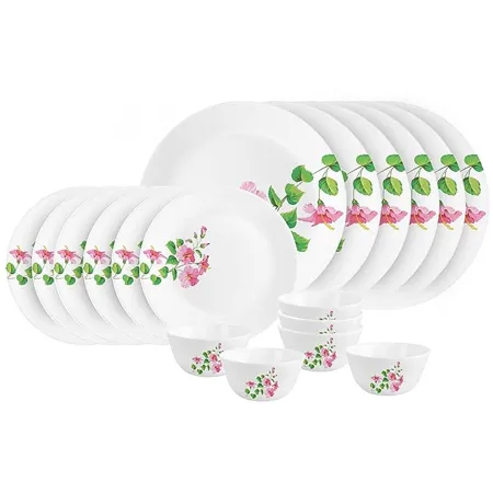 Cello Pink Hibiscus Zarah Series Opalware Dinner Set 18 Pieces Service for 6 White