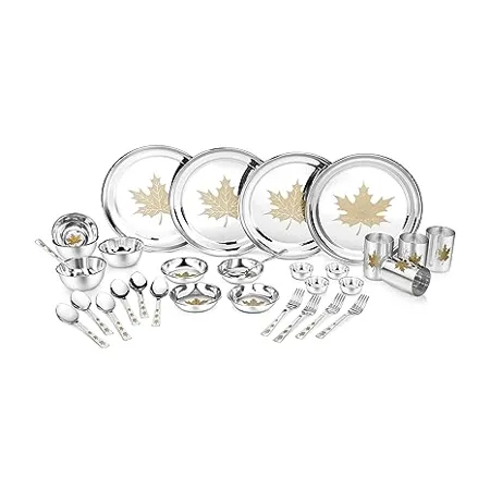 Classic Essentials Stainless Steel Dinner Set Pack of 32 Heavy Gauge Stainless Steel Dinner Set Kitchen Set for Home Maple Lazer Design Dinner Set Shagun Set Bratan Set