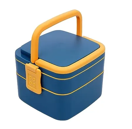 Clazkit Double Layer Bento Square Lunch Box with Handle 2 Compartment Tiffin with Handle Push Lock Plastic Tiffin Box for Travelling School Kids Multicolor 