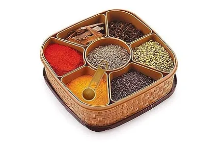 Clazkit Plastic Square 7 Sections Multipurpose Masala Rangoli Dabba Box Set Spice Box Set Brown Masala Box 7 in 1 