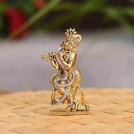 Collectible India Gold Plated Flute Playing Krishna Idol Showpiece Metal Krishna Statue for Car Dashboard Hindu God Religious Idol Krishan Figurine for Janmashtami Home Temple Decoration Gifts 