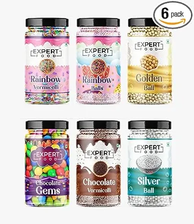 Craving Combo of Vermicelli Golden Silver Balls Gems Rainbow Balls 80G EACH Sprinkles 480 g Pack of 6 
