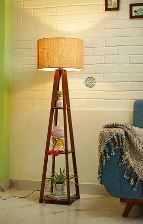 Crosscut Furniture Wooden Floor Lamp with Shelf Brown Jute Pack of 1 
