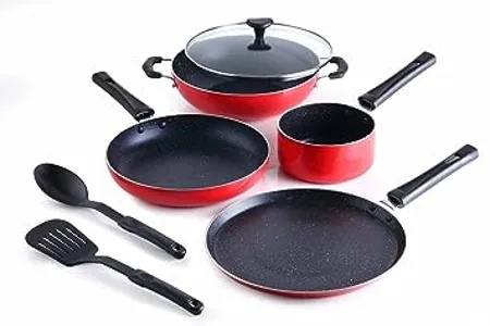 Crystal Classic Series 7 pc Non Stick Induction Bottom Cookware Set PFOA Free Tawa Fry Pan Kadhai with Glass Lid Sauce Pan with 2 Serving Spoons Red